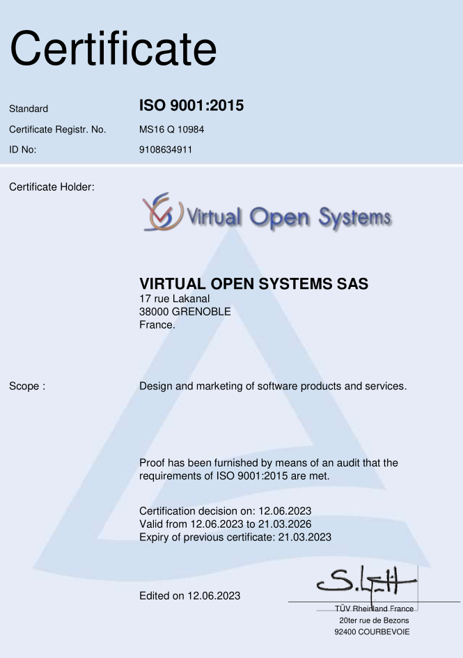 Virtual Open Systems Quality Management System - ISO 9001:2015 certification
